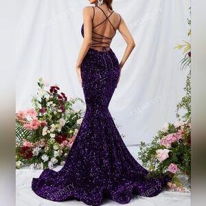 Purple Sequin Mermaid Hem Cami Backless Formal/Prom Dress